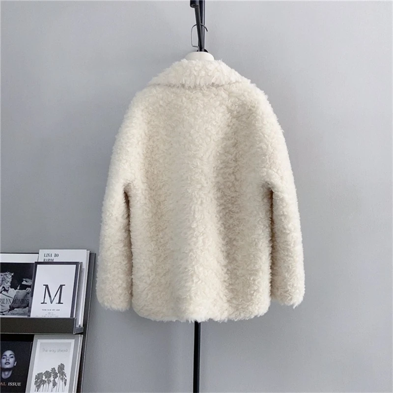 2023 Winter New Real Wool Fur Suit Collar Jacket  Lady Sheep Shearling Warm Short  Casual Coat PT487