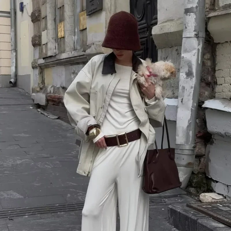 

Women Waist Cinching Lapel Trench Coat Casual Autumn Solid Zipper Pocket Loose Windbreaker 2025 Lady Daily Commuting Office Wear