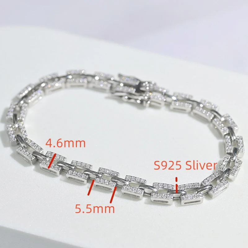 100% 925 Sterling Silver Tank Chain Moissanite Bracelet for Women Luxury Designer Bracelets Party Wedding Birthday Gifts Jewelry