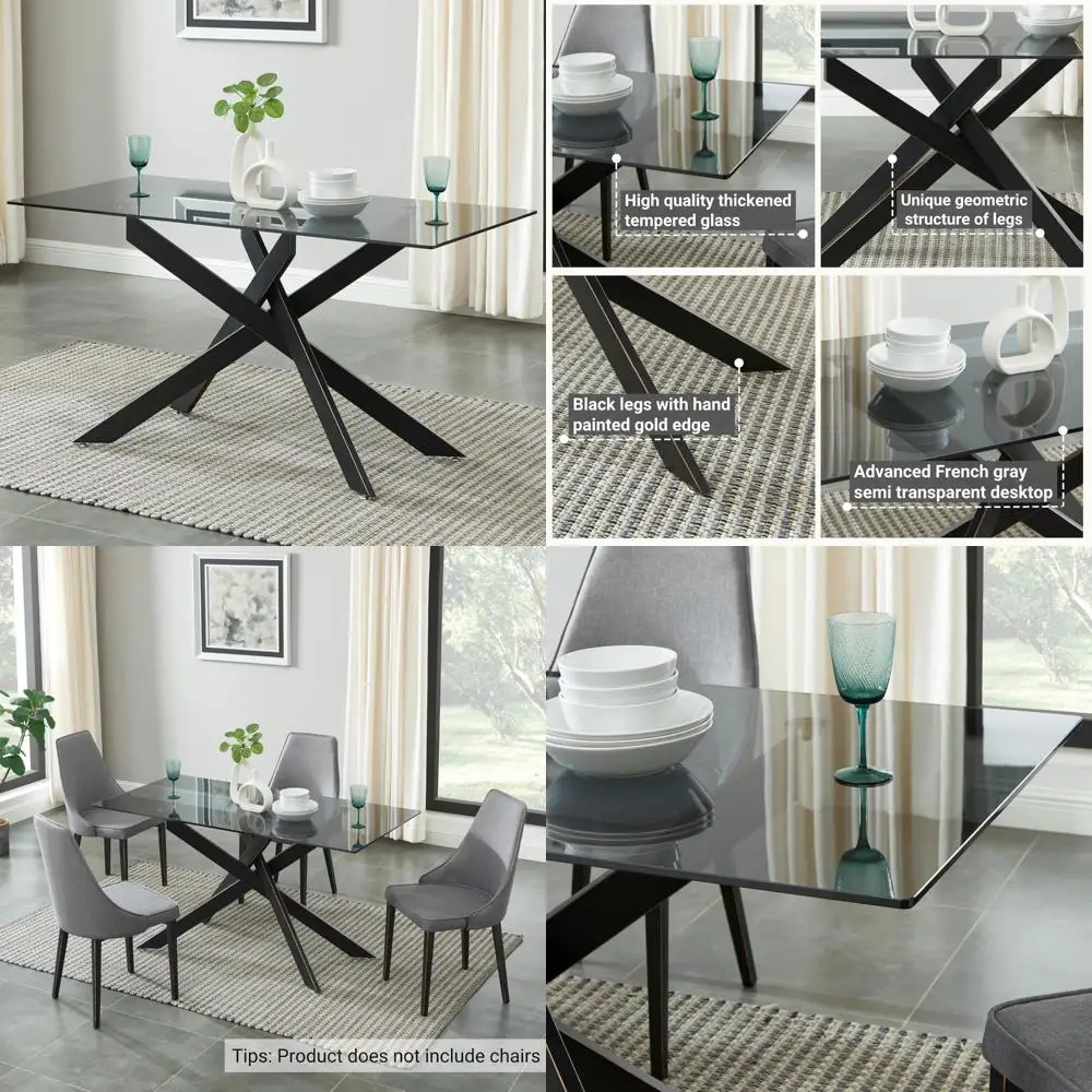 طاولة طعام حديثة من الزجاج المقسى باللون الرمادي مع أرجل معدنية سوداء، بطول 58.5 × 29 عريضة × 30 مرتفعة #1