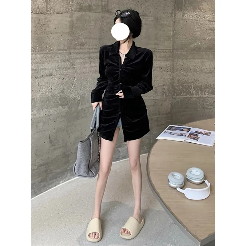 Vintage Black Velvet Shirts Women Elegant Pleated Blouses Korean Folds Turn Down Collar Long Sleeve Slim Chic Casual Tops New