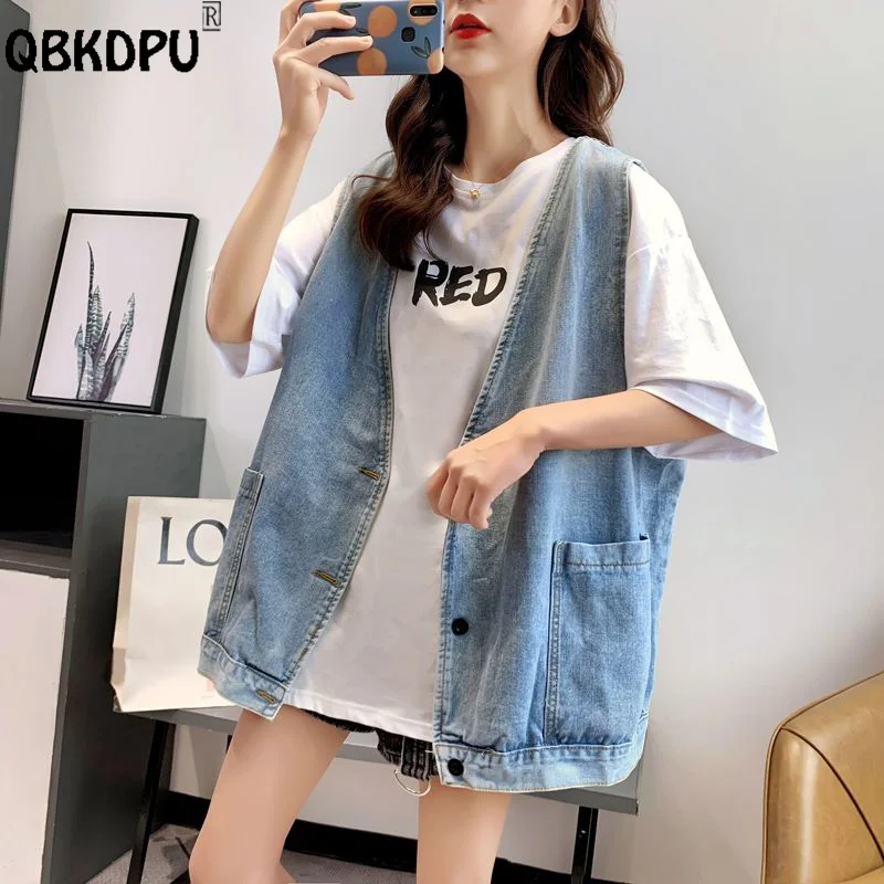 

Casual Loose V Neck Denim Vest Women Streetwear Big Pocket Jean Chaleco Mujer Vintage Black Sleeveless Jacket Washed Blue Veste