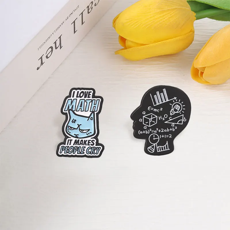 I Love Math It Makes People Cry Cat Enamel Pin Science Brain Formulas E=Mc2 H2o Symbols  Brooch Fun Bag Lapel Badge Jewelry Gift