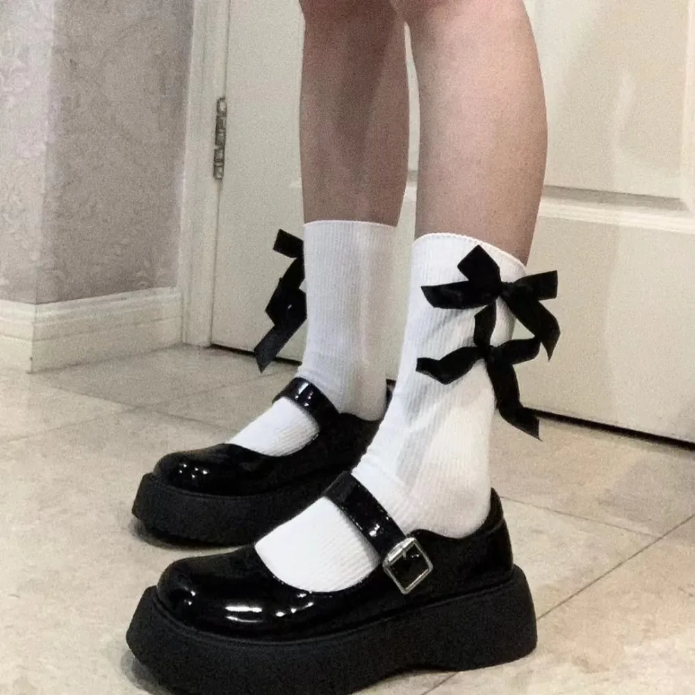 

New Polyester Cotton Lolita JK Bow Socks Solid Color Accessories Sweet Style Socks Short Crew Socks