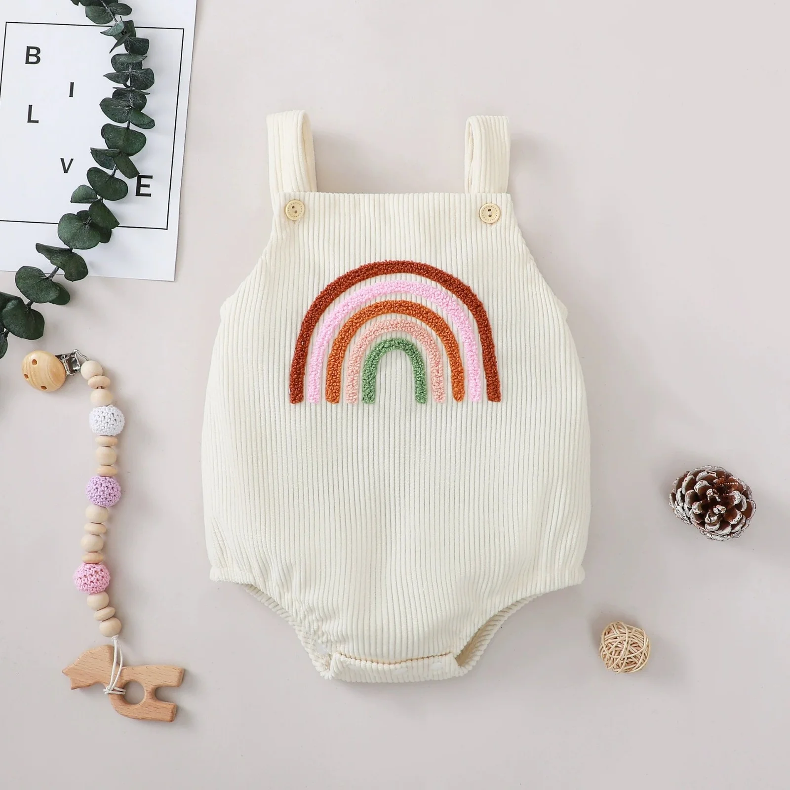 

0-18M Newborn Infant Toddler Baby Girls Romper Rainbow Embroidery Button Casual Jumpsuit Overall Summer Ribbed Clothing 2025