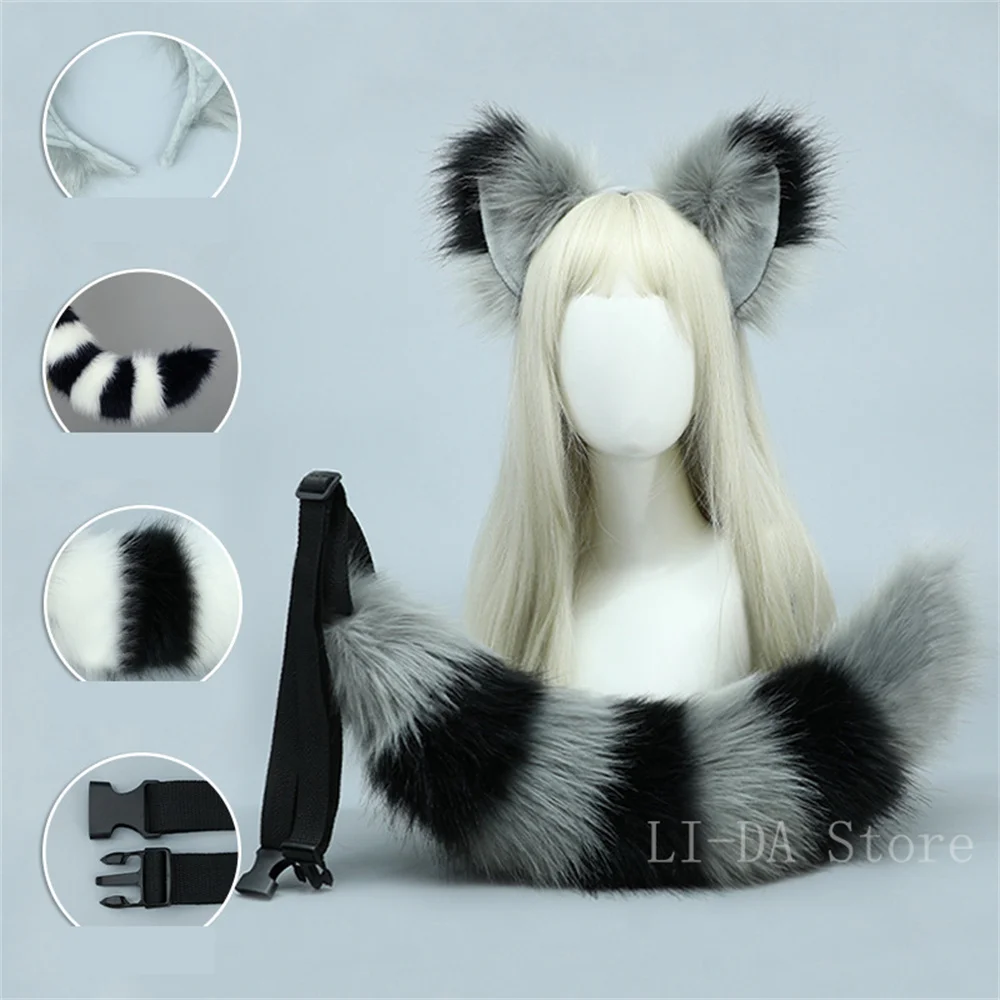 2 unids/set Animal esponjoso mapache cola de gato piel sintética diadema con orejas de zorro de peluche Cosplay accesorios de disfraz de Halloween
