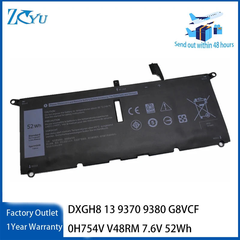 DXGH8 Notebook Battery for Dell XPS 13 9370 9380 G8VCF 0H754V V48RM 7.6V 52Wh