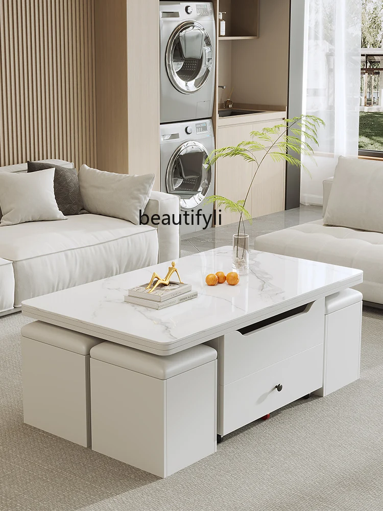 Multifunctional Stone Plate Lifting Coffee Table Dining Tables and Chairs Set Removable Folding Tea Table