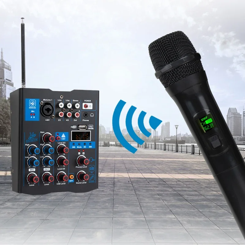 Mini 4 Channel Audio Mixer Amplifier Music Console Microphone Wireless Cards Mixers Controller Audio Console Mixer Sound System