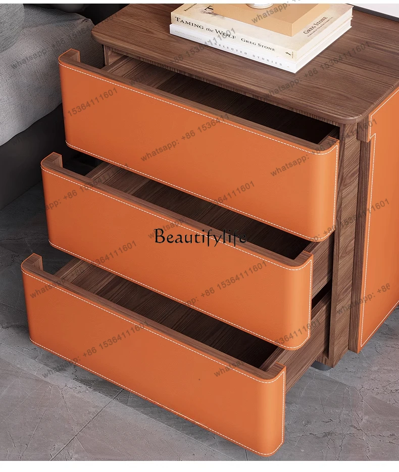yj7 Light luxury saddle leather bedside table Modern household solid wood bedside table High three-bucket cabinet