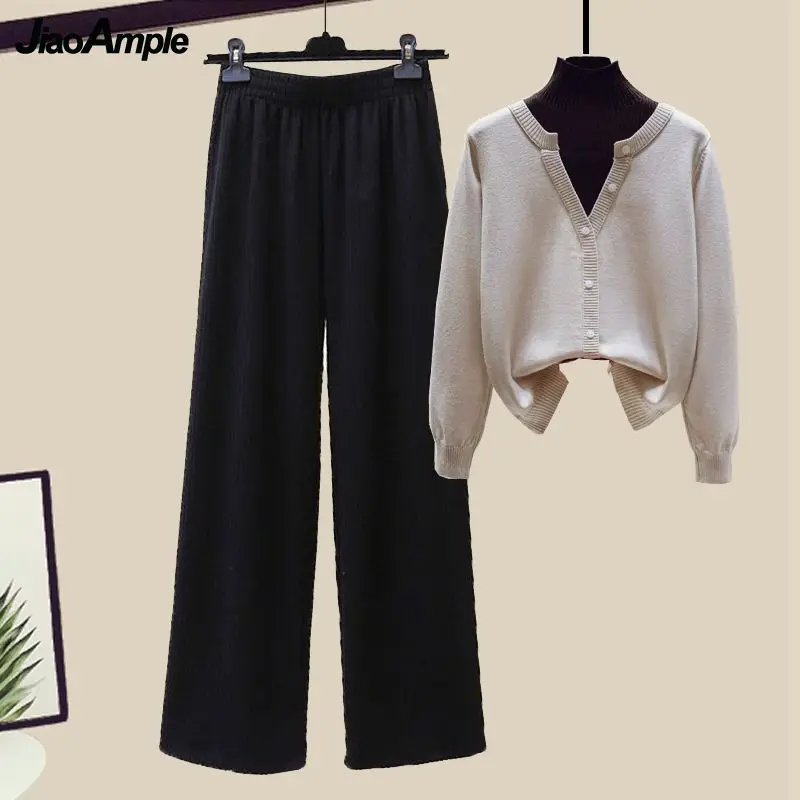 

2024 Spring Autumn New Korean Elegant Tracksuit Matching Set Women's Casual Fake Two Piece Knit Blouse Wide Leg Pants Suit