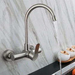 Stainless Steel Double Hole Wall Mounted Cold and Hot Faucet Balcony Rotating Kitchen Faucet Torneiras De Cozinha Batidora