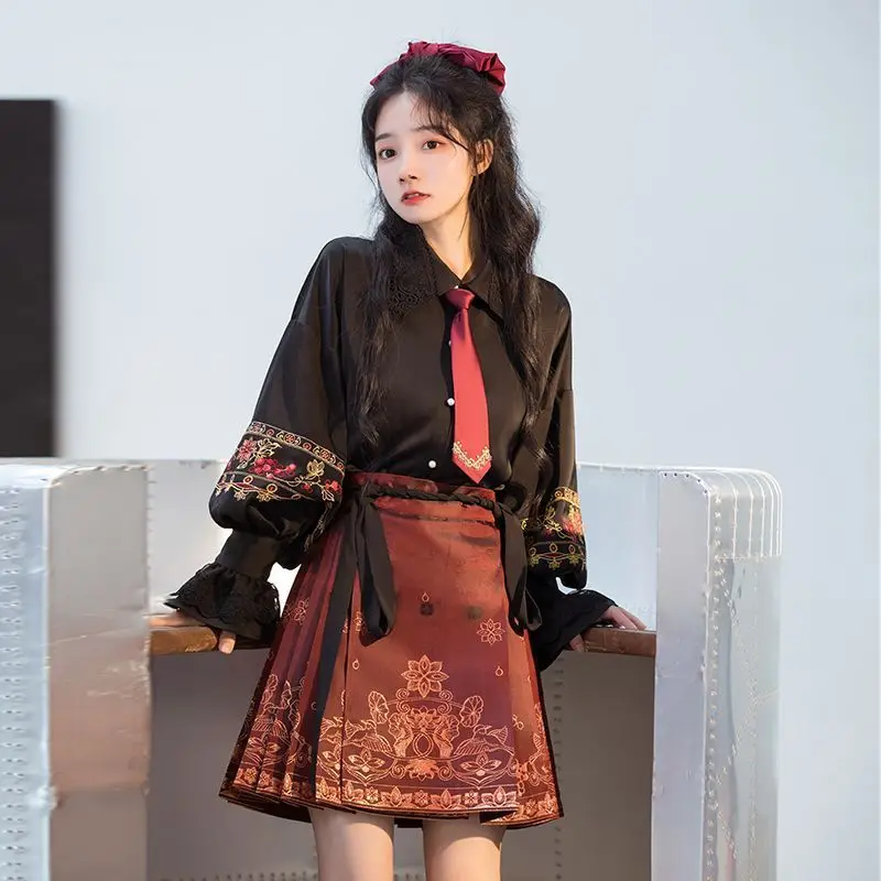 

Japan Chinese Style Improved Ming Dynasty Exquisite Printed Horse-Face Skirt Women High Waist All-Match Mini Skirt Shirt