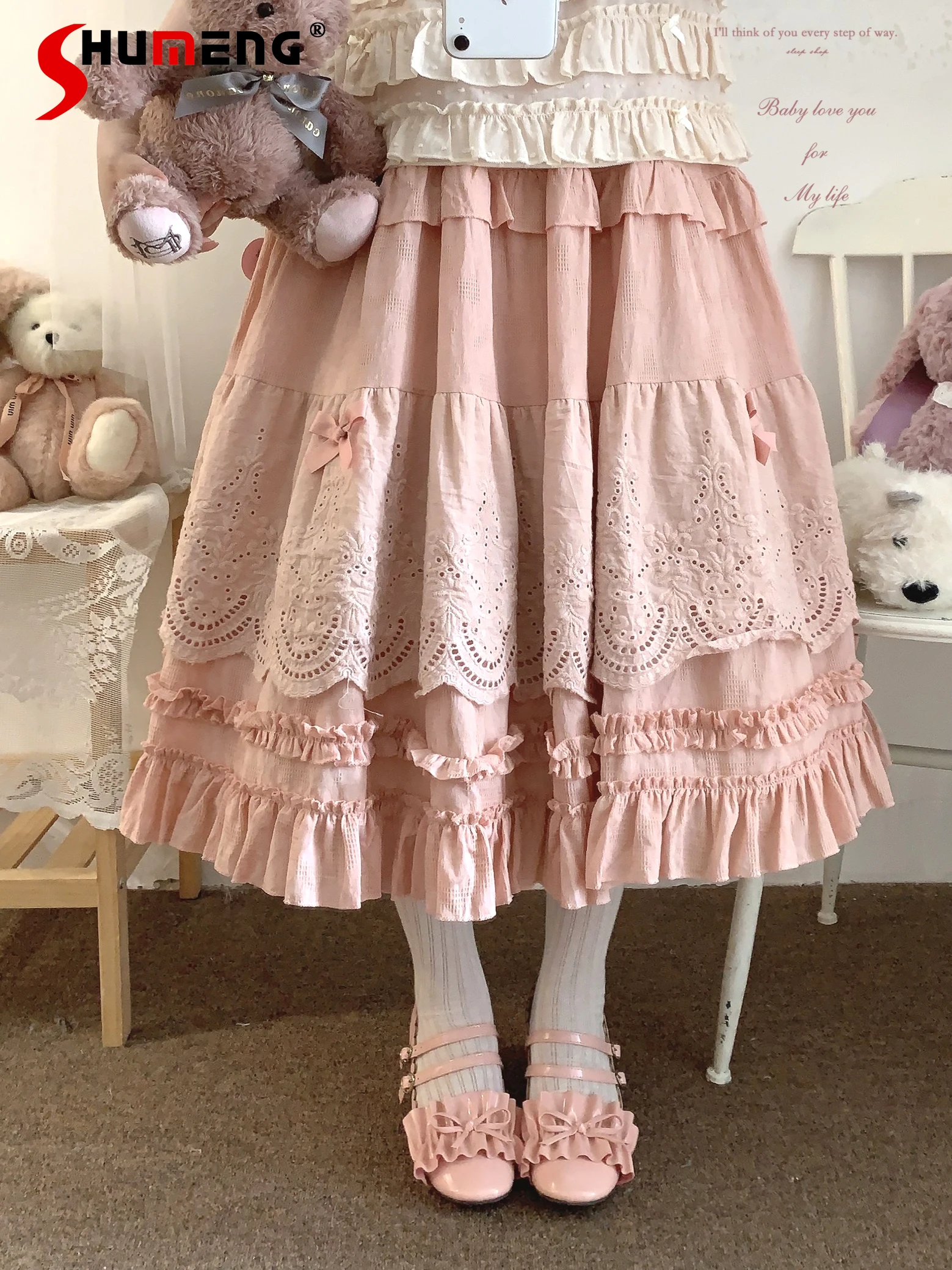 Japanese Mori Artistic Style Embroidered Lace Bow Ruffled Elastic High Waist A-line Retro Casual Lolita Long Skirts for Women