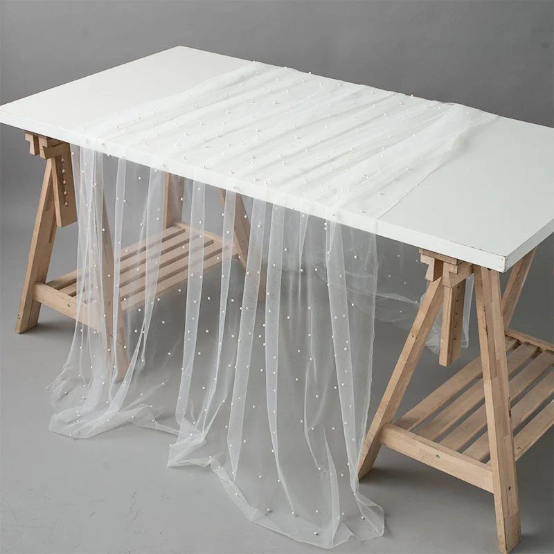 Wedding White Pearl Tulle Table Runner Wedding Arch Decoration for Bridal Shower Decor Soft Tulle Overlay Chiffon Lace Mesh