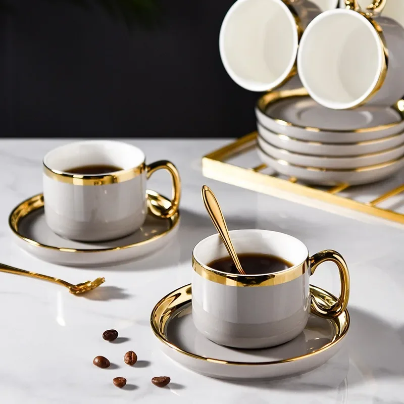 

European Small Luxury Coffee Cup Set with Tray Office Coffee Cup Saucer Gold Rim Afternoon Tea Cup Saucer Spoon Home Tableware