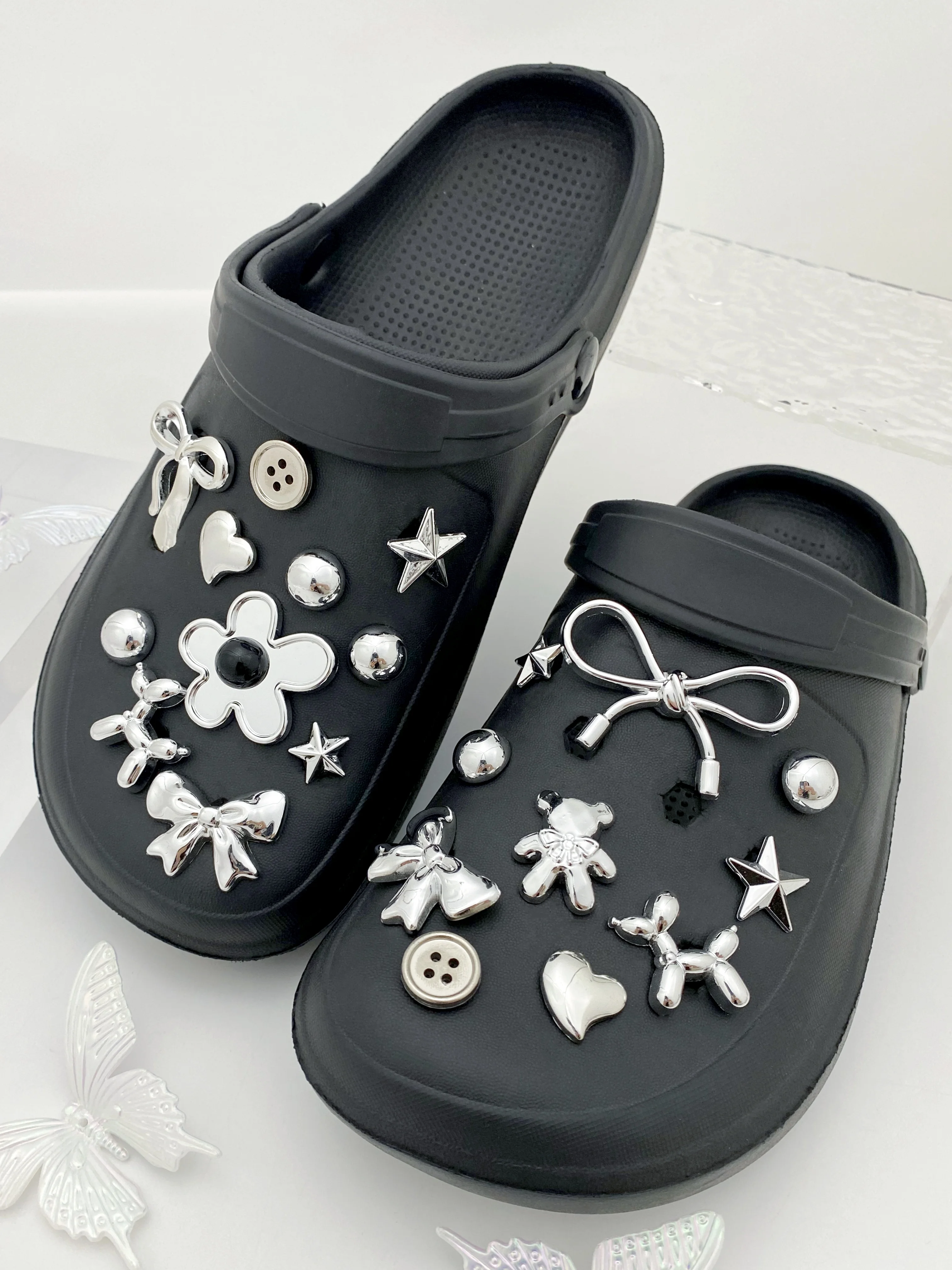 21 pieces of silver bow, flowers, stars, bear, balloon dog, love heart, buttons, ABS pearl shoe buckle DIY decoration, multifunc