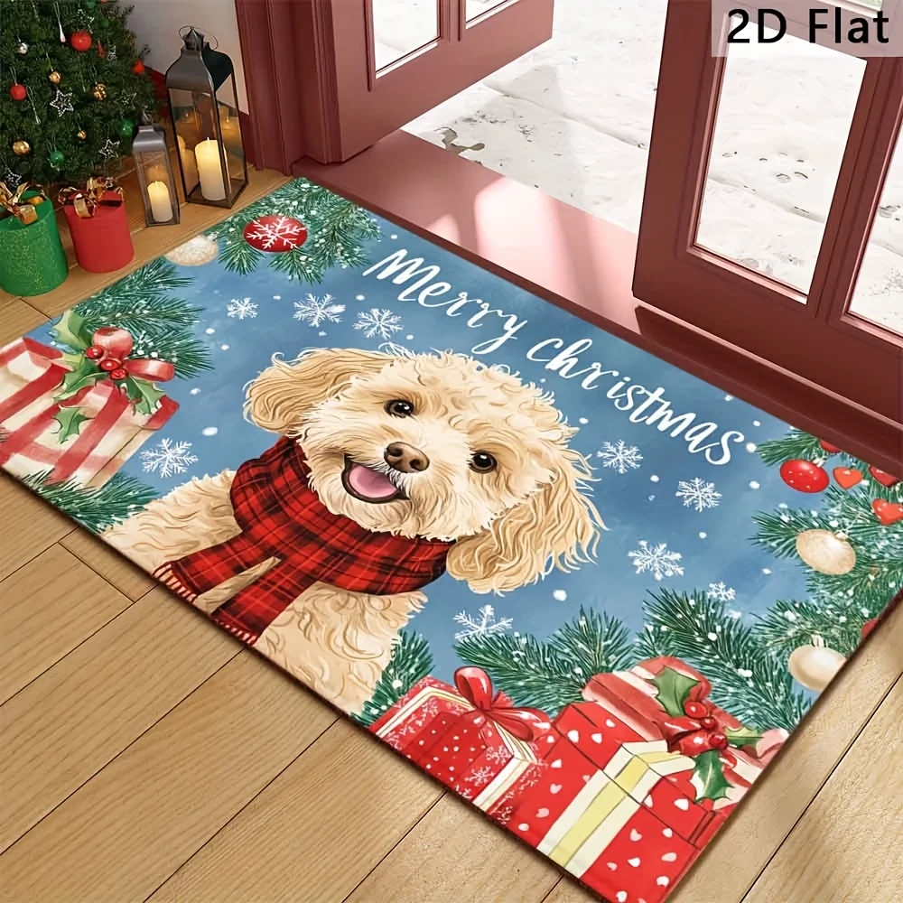 1pc, Merry Christmas! Adorable Dog Welcome Doormat Featuring Christmas Gift Box Design  Christmas Atmosphere Theme Decorative