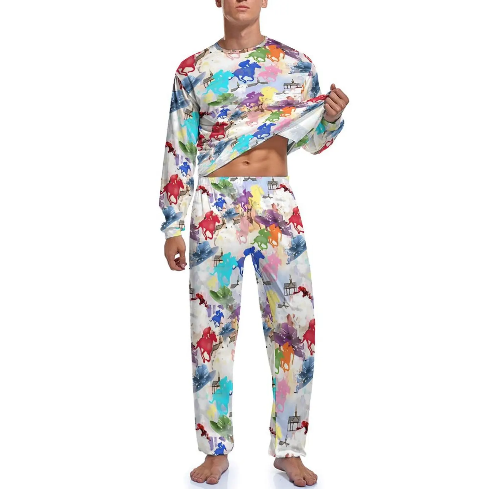 Off to The Horse Races Pajamas Long Sleeves Colorful Animal 2 Pieces Casual Pajamas Set Spring Men Graphic Cool Sleepwear