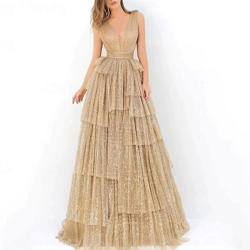 Abiti da ballo in tulle con paillettes scintillanti Scollo a V senza maniche con pieghe a strati Abiti lunghi a trapezio Abito da festa sexy senza schienale personalizzato