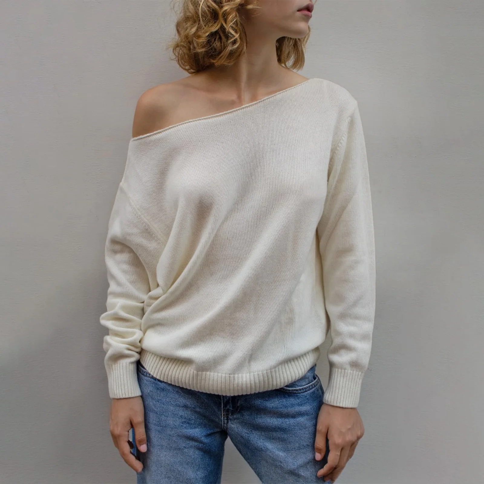 Maemukilabe Casual Solid Color Knitted Sweaters Slash Neck Off Shoulder Ribbed Long Sleeve Jumpers Women Fall Pullovers Knitwear