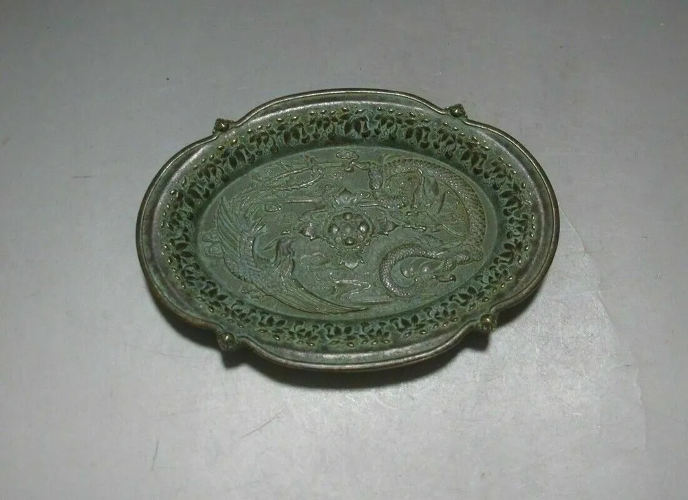 

TH436 Chinese Antique Bronze Dragon Phoenix Pure Copper Plate Xu De Logo - Brass animal sculpture