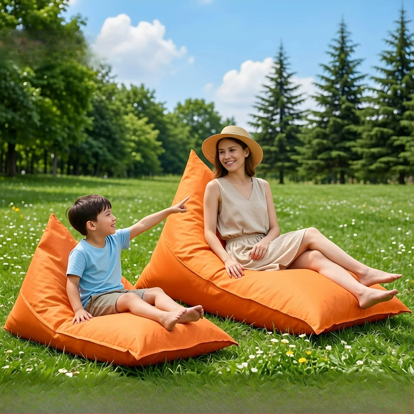 Outdoor Triangle Bean Bag Chair Waterproof Cloth Lazy Sofa Garden Picnic Camping Floor Lounge Seat Orange Beanbag Furniture