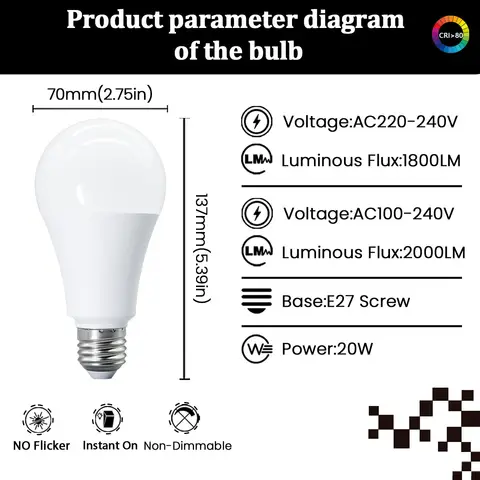 1-10PCS 20W E27 LED Light Bulb A70 Lamps 110V AC220V Flicker-free Light Daylight CRI80+ 3/4/6000K for Home Bedroom Foyer Derec