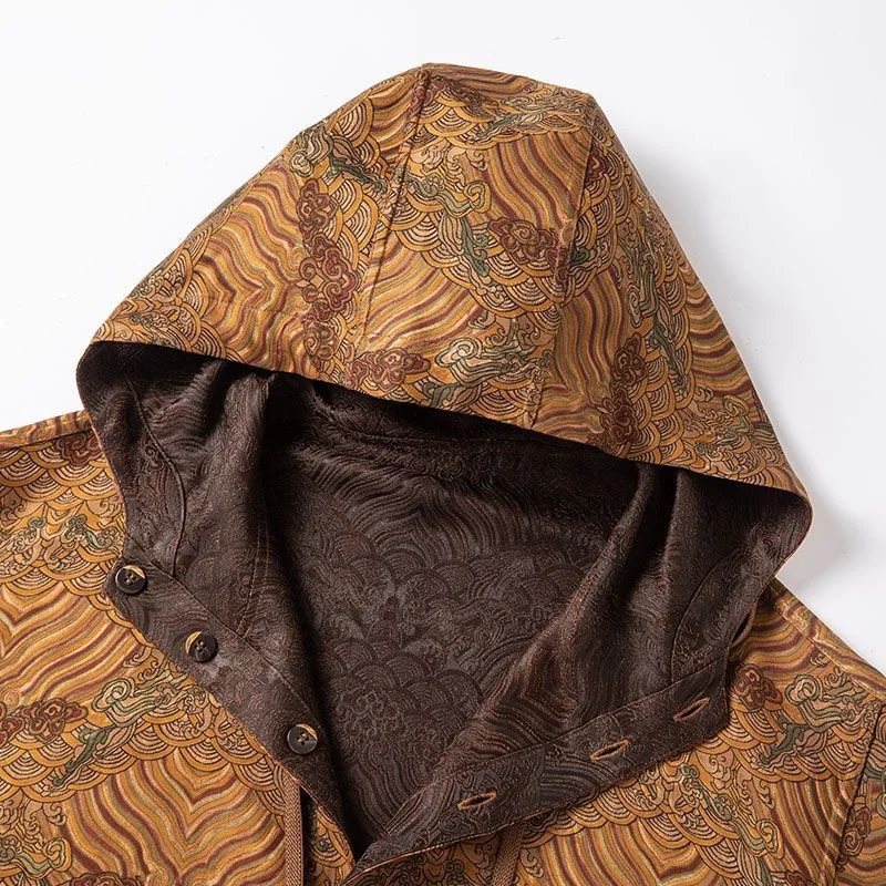 Autumn Casual Men's Long Sleeve Shirt Youth Hooded Silk Menswear Double-sided Xiangyun Silk Button-up Cotton-Polyester Blend