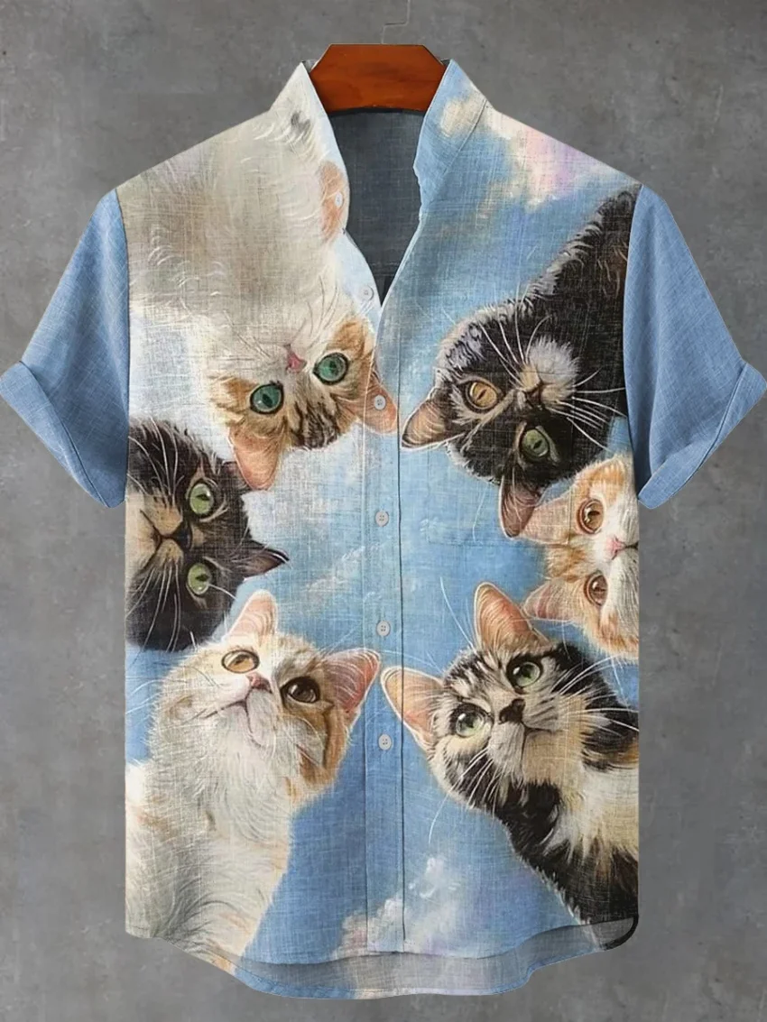 

New Men's Short Sleeve Sweatshirt Flip-over Casual Fashion Cute Kitten Animal Pattern Printed Top