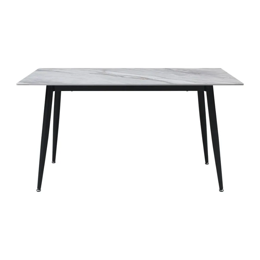 Strak design 7-delige eettafel en grijze fluwelen stoelen Eigentijds meubilair met gesinterd stenen blad en metalen frame