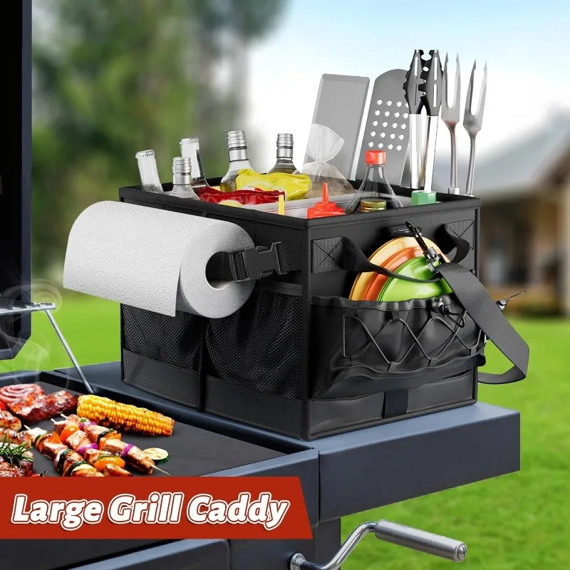 BBQ Caddy with Paper Towel Holder, Utensil Caddy with Condiment Pocket, Collapsible Picnic Basket Camping Gear Must Haves