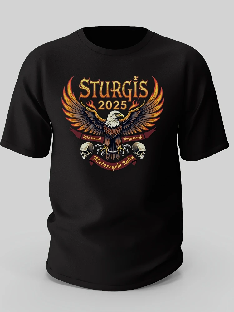 

2025 Motorcycle Rally Official Eagle Skull Graphic pattern-100% cotton O-neck short sleeve casual printed men's T-shirt .