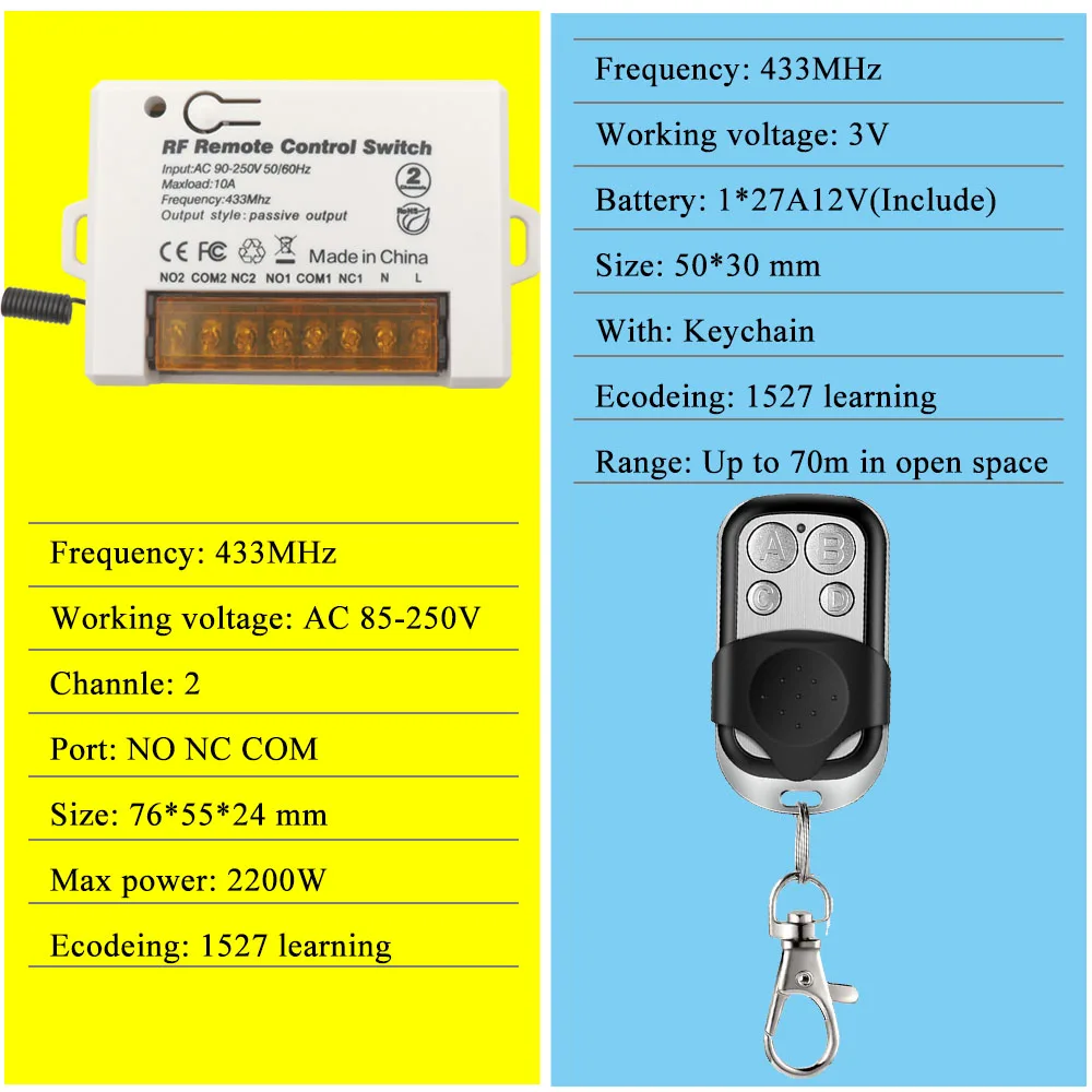 433MHz Wireless Remote Control Switch AC 110V 220V 240V 2CH Relay Receiver Controller Module Keyfob for Garage/Gate/Motor/Light