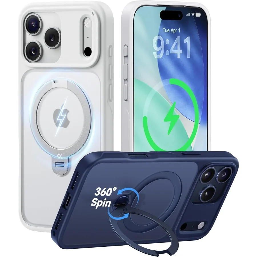 Custodia con supporto magnetico bianco con rotazione a 360 gradi con protezione di grado militare da 18 piedi e scudo per fotocamera per dispositivi 17 Pro da 6,3 pollici Slim Matte