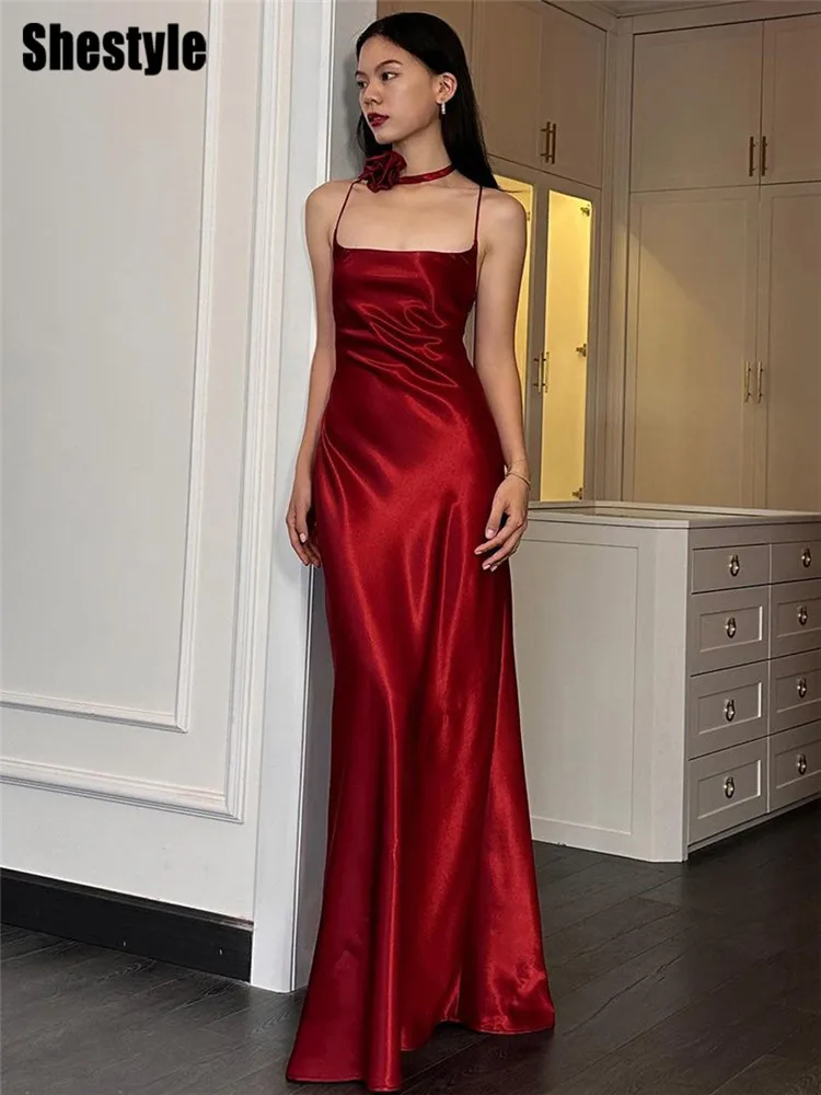 

Shestyle Satin Backless Flare Long Dress for Women Elgant Party Spaghetti Strap Floor Length Cross Bandage Hollow Out High End