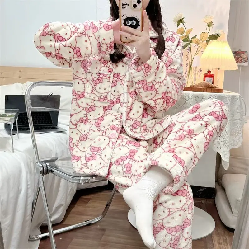 Winter Women's Hello Kitty Pajama Set Cartoon Flannel Pajamas Thickened Fluffy Plush Warm Comfortable Loose High Quality
