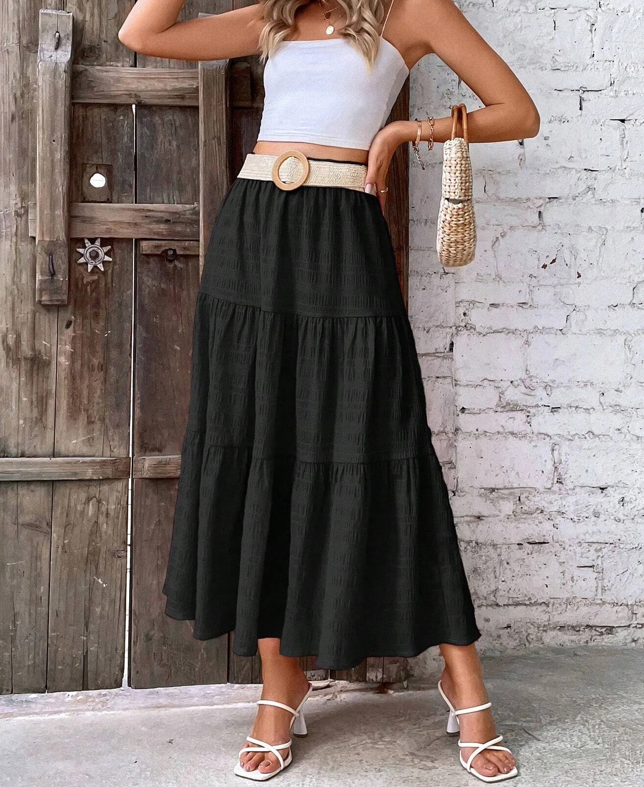 Vacation Style Solid Color Textured Flared Skirt Women's High Waist Flowery Beach Skirt Summer Casual A-Line Swing Skirt