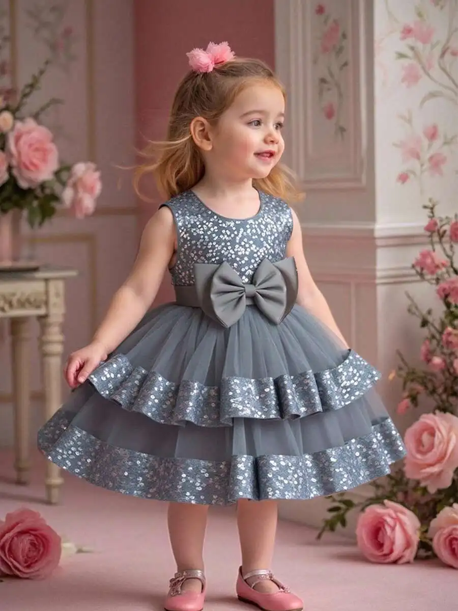

Sleeveless Sequined Tulle Tiered Bow Evening Dress For Women