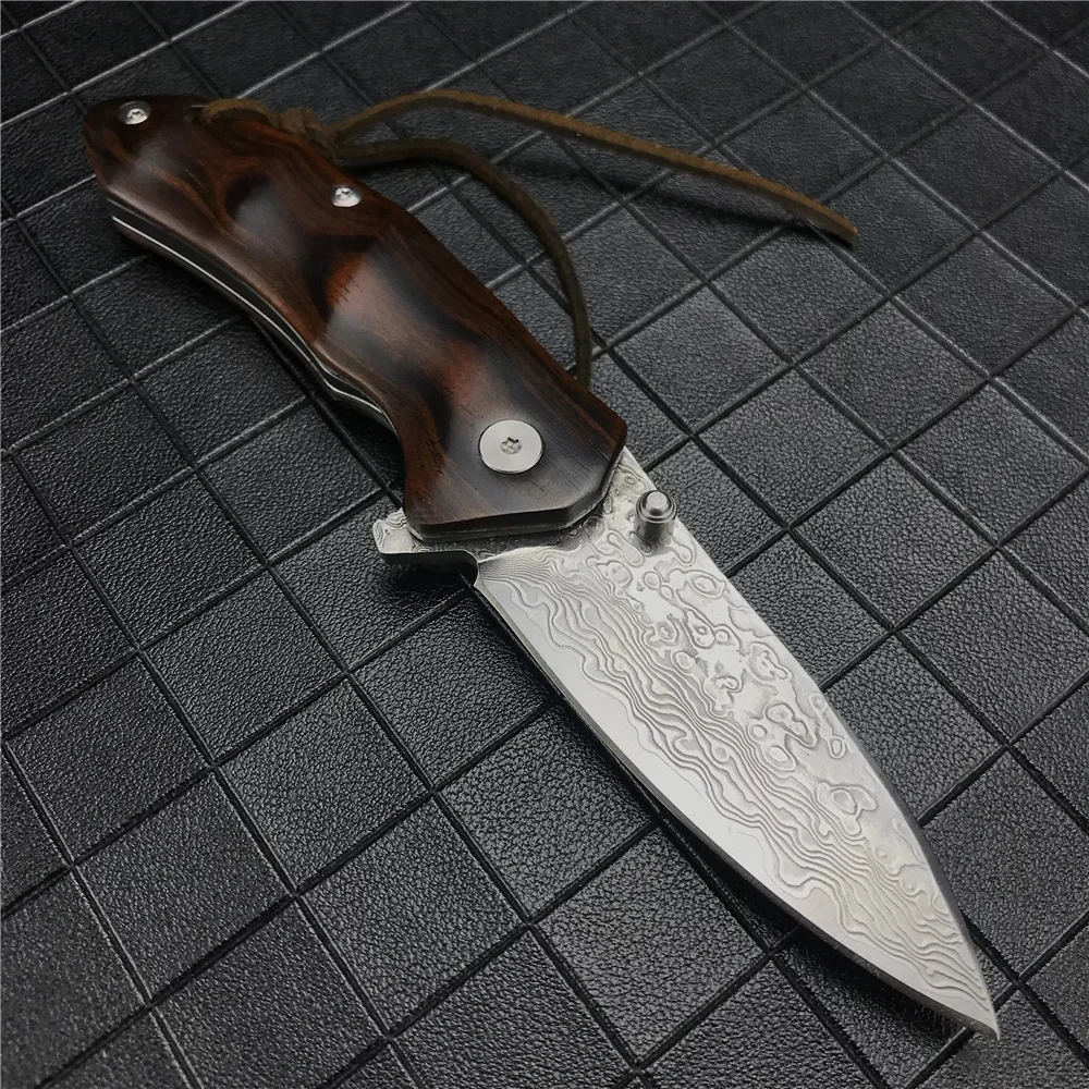 Outdoor Tactical 67 Layers Damascus Steel Camping Pocket Knife EDC Outdoor Knife Tactical Tool Self-defense Combat Folding Knife