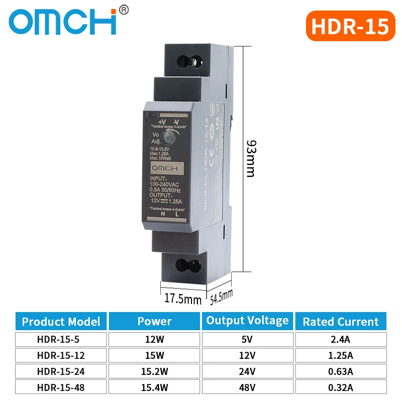 OMCH HDR-Serie DIN-Schienen-Schaltnetzteil HDR-15 100–240 VAC 15 W 30 W 60 W 100 W AC-zu-DC-Spannung 5 V 12 V 24 V 48 V 0–7,1 A SMPS