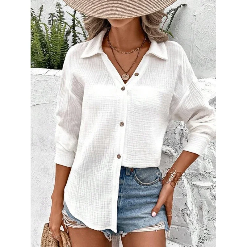 2024 New Spring Summer Women Shirts Muslin 100% Cotton Gauze Long Sleeve Womens Tops Retro Blouse