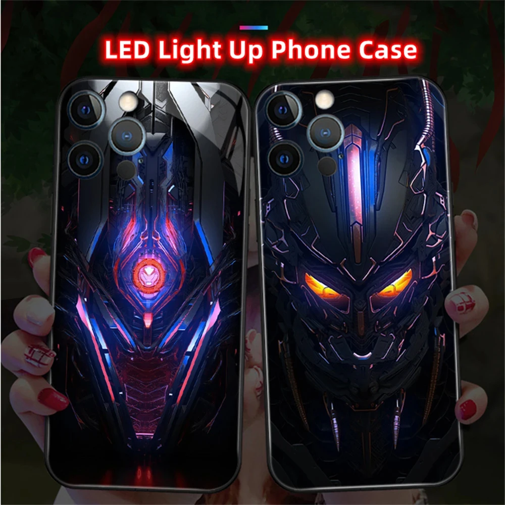 

Dark War Armor Sound Control LED Flash Cases For iPhone 16 15 14 13 12 11 Pro Max X XR XS 6 7 8 Plus SE2020 Luminous Glass Cover