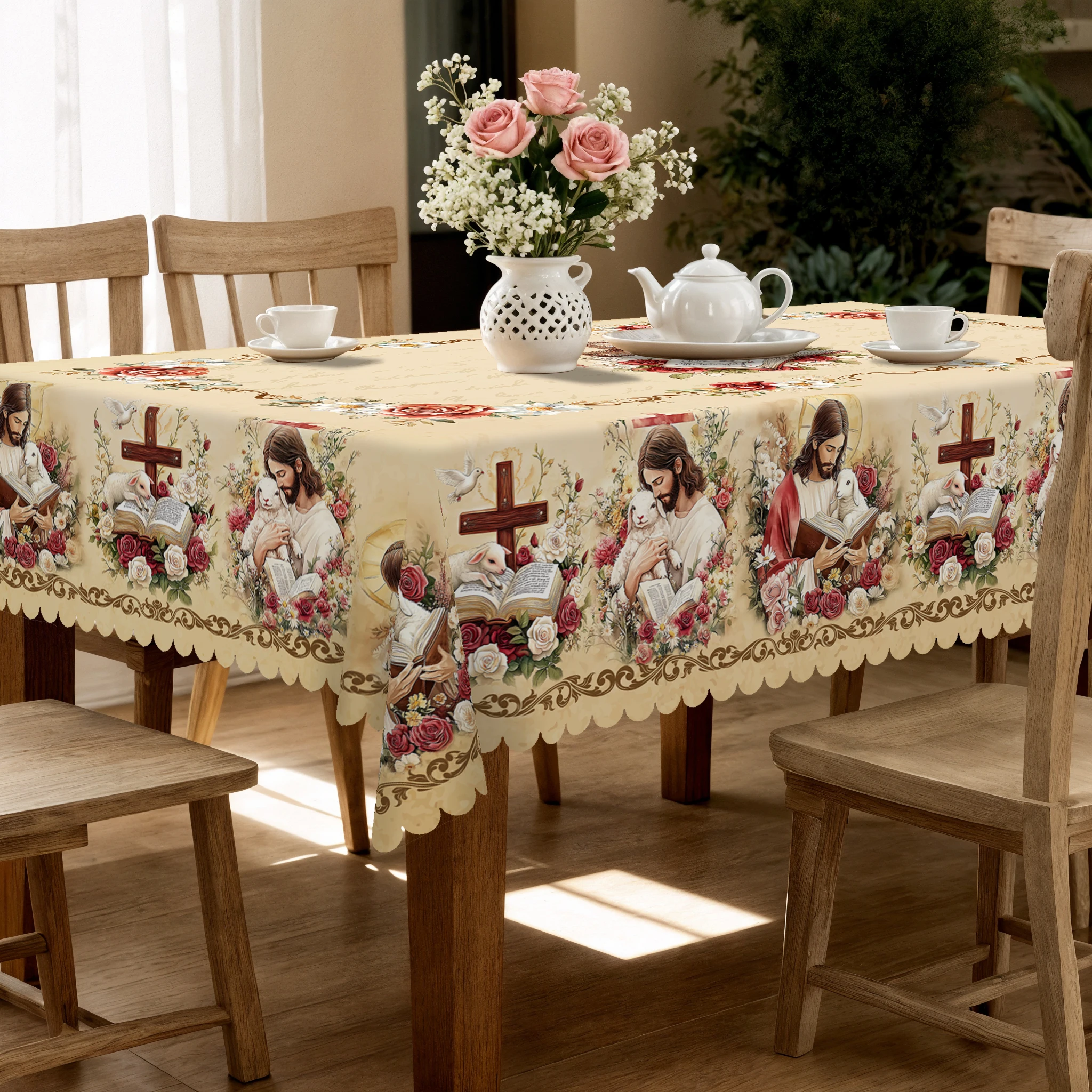 Jesus-Themed Tablecloth, Jesus Gently Holding a Lamb, Cute Little Sheep, Dove, Cross, Vibrant Roses, Daisies and Other Flowers, Multiple Size Options, Embossed Edges, Waterproof, Wrinkle-Resistant, Fade-Resistant, Round and Rectangular Options Available, Suitable for Indoor and Outdoor Dining in Spring, Summer, Autumn and Winter, Ideal for Home Kitchens, Restaurants, Patios, Courtyards, Buffet-Style Outdoor Parties and Camping, Perfect as an Easter Gift Easter006