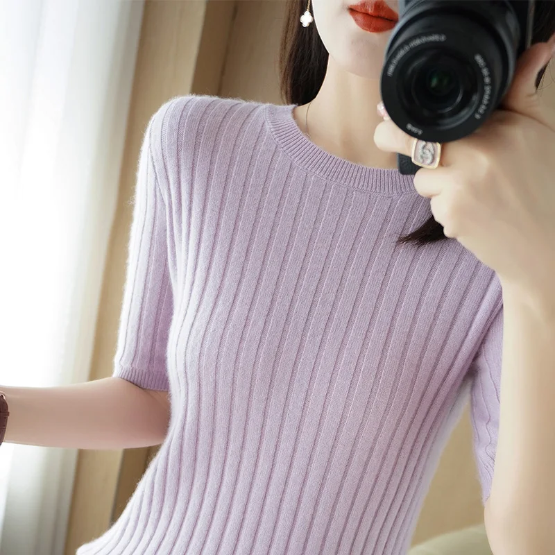 Suéteres de punto de Cachemira con cuello redondo para mujer, jersey de manga corta, Tops informales sólidos