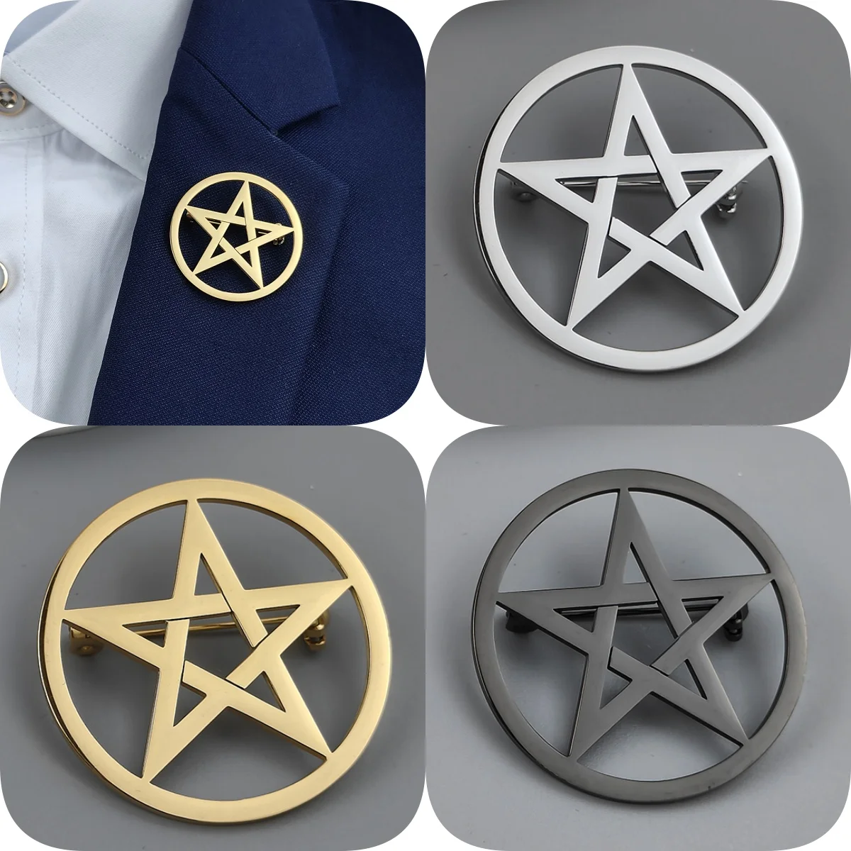 Creative Pentagram Gold Plated Stainless Steel Brooch, Men\'s Suit Pin Black, High Quality Father and Husband Gift Set