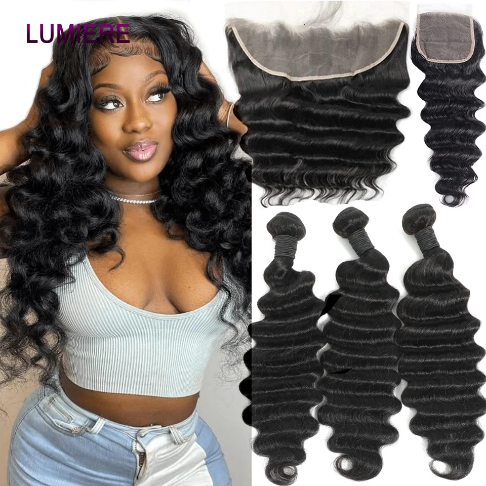 Loose Deep Wave Bundles With Closure Frontal HD 4X4 13X4 Lace Frontal Closure And 3/4 Bundle Deal 100% Yaki Human Hair Extension