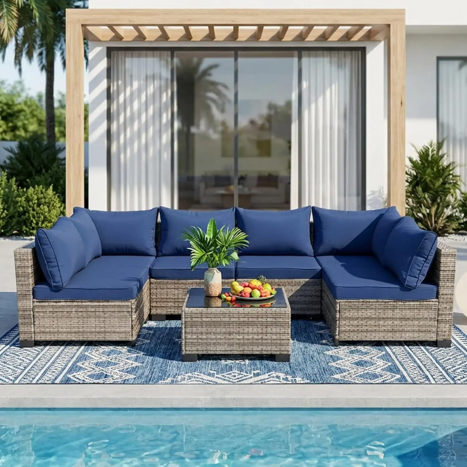 

Комплект из 7 предметов: секционный диван из ротанга с кофейным столиком, всепогодные толстые подушки, для использования на заднем дворе, патио, в саду, синий, на заказ