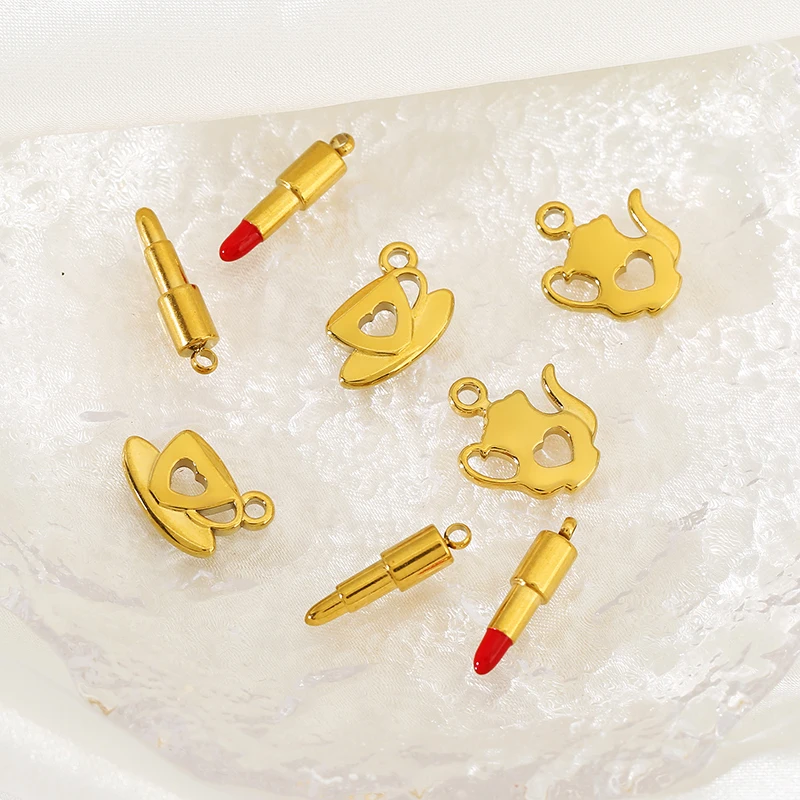 10pcs Stainless Steel Creative Teapot Teacup Lipstick Charms for DIY Earring Bracelet Necklace Pendant Jewelry Making Acessories