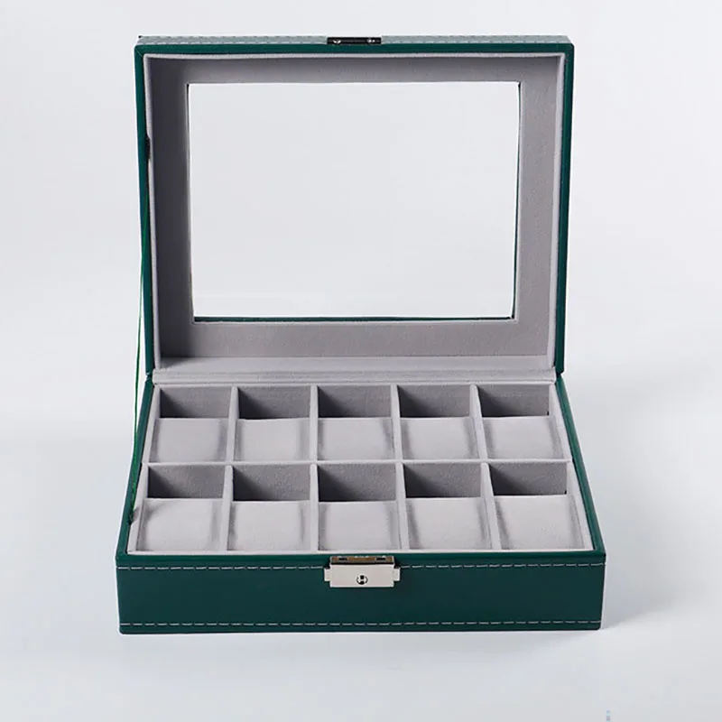 Caja organizadora de reloj de cuero PU caja de almacenamiento de vidrio joyería pulsera multifuncional verde 6/10/12 ranuras